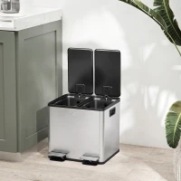 HOMCOM Papelera Cocina de Acero Inoxidable con 2 Compartimentos 2x15L Pedal Tapas de Cierre Suave y Cubo Extraíble Plata(m-9)