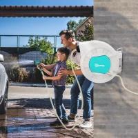 Outsunny Manguera Retráctil de Pared con Carrete de 25+2 m con Bloqueo Retorno Automático y Boquilla de 7 Funciones y Giro 180°(m-10)