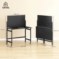 HOMCOM Banc de Lucru Pliabil Portabil cu Panou Perforat, Blat Gros din Lemn, Structură din Oțel, Negru(m-3)