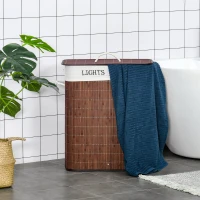 HOMCOM 100L Laundry Basket with Lid String Handles, 2 Section Collapsible Hamper Removable Lining Foldable Water-Resistant Dirty Clothes Storage, Brown(m-8)