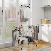 HOMCOM Tendedero Vertical Plegable con Alas Ajustables 4 Soportes para Calzado Barra y Estante 139x62,5x201 cm Plata(m-2)