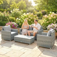 Outsunny 4 Piece Rattan Garden Furniture Set with Loveseat, 2 Armchairs, Glass-Top Table, Wicker Patio Conversation Set, Grey(m-10)