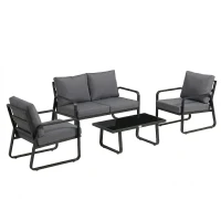 Outsunny Salon de Jardin 4 Pièces avec Coussins Déhoussables Très Épais 10cm Table Basse en Verre Trempé Noir(m-1)