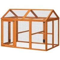 PawHut Gabbia per Galline in Legno con Porte Multiple e Rete in Metallo, 140x88.5x106cm, Arancione(m-11)