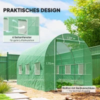 Outsunny Gewächshaus 350x200x200cm Foliengewächshaus Tomatenhaus mit Tür, 6 Fenster, Folientunnel aus verzinktem Stahl, PE, stabiles Treibhaus Pflanztunnel, inkl. Erdanker & Seilen, Grün(m-6)