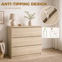 HOMCOM 3-Drawer Storage Organiser Unit, Chest of Drawers for Bedroom, Living Room, 80 x 39 x 73cm, Oak(m-6)
