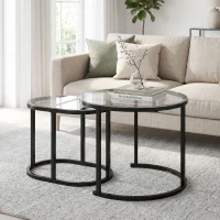 HOMCOM Nest of Tables with Steel Frame and Tempered Glass Tabletop, Modern Coffee Table Set of 2, Black(m-9)