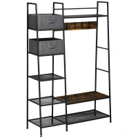 HOMCOM Garderobenständer im Industrie-Design, 8 Regalböden, 5 Kleiderhaken, 1 Schuhbank, 2 Schubladen, Grau + Braun(m-12)