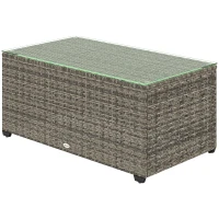 Outsunny Table basse de jardin, table d'appoint en résine tressée avec plateau en verre trempé, 90 x 50 x 38 cm, gris foncé(m-12)