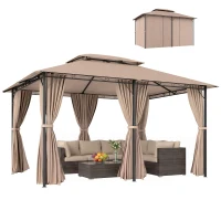 Outsunny Gazebo da Giardino 4x3m con Doppio Tetto e Tende Laterali in Acciaio e Poliestere, Color Cachi(m-1)
