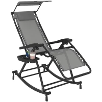 Outsunny Garden Rocking Chair Folding Recliner Outdoor Adjustable Sun Lounger Rocker Zero-Gravity Seat with Headrest Side Holder Patio Deck - Grey(m-11)