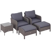Outsunny Lot de 2 fauteuils de jardin grand confort repose-pied table basse résine tressée imitation rotin coussins gris(m-1)