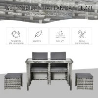 Outsunny Set 11 Pz Tavolo da Giardino con Sedie, Pouf e Cuscini, in Rattan PE, Grigio(m-4)