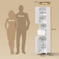 HOMCOM Armario Alto de Baño Mueble de Baño Estrecho Alto Brillo con Cajón Compartimento Abierto y Estantes Ajustables Blanco(m-3)