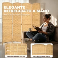 HOMCOM Paravento da Interno a 4 Pannelli Pieghevole, 180x180 cm Intrecciato in PP e Legno di Pino, Effetto Naturale(m-4)