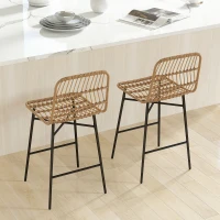 HOMCOM Conjunto de 2 Taburetes Altos de Cocina Taburetes de Bar con Respaldo y Asiento de Ratán para Bar Cocina Comedor Marrón(m-10)