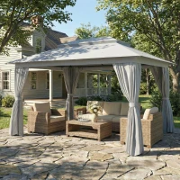 Outsunny 3 x 4 m Outdoor Garden Gazebo with Netting and Curtains, UPF50+ Patio Gazebo Permanent Pavilion Canopy, Dark Grey(m-10)
