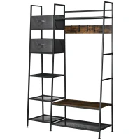 HOMCOM Garderobenständer im Industrie-Design, 8 Regalböden, 5 Kleiderhaken, 1 Schuhbank, 2 Schubladen, Grau + Braun(m-11)