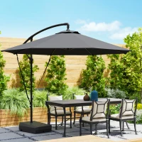 Outsunny 3(m) Garden Cantilever Parasol with Fillable Base up to 90kg, Wind Protection Strap, Cover, Round Banana Hanging Umbrella with Crank Handle and Tilt, UPF50+ Patio Umbrella, Grey(m-2)