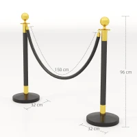 HOMCOM Stâlpi de delimitare din oțel inoxidabil cu frânghie catifelată neagră de 1,5 m și bază umplibilă, Ø32x96 cm(m-3)