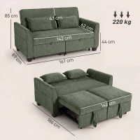 HOMCOM 2 Seater Sofa Bed, 4-in-1 L-Shaped Convertible Pull-Out Sleeper Sofa with Adjustable Backrest Side Pockets, Dark Green(m-3)