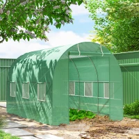 Outsunny Gewächshaus 350x200x200cm Foliengewächshaus Tomatenhaus mit Tür, 6 Fenster, Folientunnel aus verzinktem Stahl, PE, stabiles Treibhaus Pflanztunnel, inkl. Erdanker & Seilen, Grün(m-10)