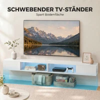 HOMCOM Mueble de TV Suspendido con Luces LED con Estantes Abiertos para Televisión 75 Pulgadas 177,8x30x18 cm Blanco(m-4)