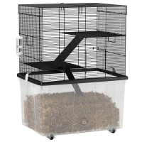 PawHut Cușcă pentru Hamsteri cu 3 Etaje, Roți, 2 Platforme, Rampe, Castron și Sticlă, 58x43x74 cm, Negru(m-11)