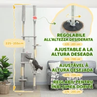PawHut Copac pentru Pisici cu Fixare pe Tavan, Înălțime Reglabilă 225-255 cm cu Căsuță și Hamac, Gri Deschis(m-4)
