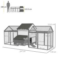 PawHut Cuibar din Lemn pentru Găini Ouătoare de Exterior cu 2 Zone Laterale, Căsuță, Cuib, Acoperiș Impermeabil, Sertar Detasabil, Loc de Odihnă, Uși și Rampă, pentru 2-4 Găini, 247x118x113.5 cm, Gri(m-3)