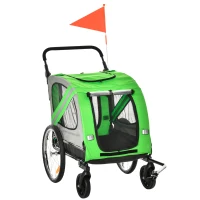 PawHut Remorcă Bicicletă și Cărucior pentru Câini 2 în 1 din Oțel și Material Oxford cu Elemente Reflectorizante, Verde(m-1)