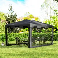 Outsunny Cenador Exterior 4x3 m con 4 Mosquiteras Laterales 2 Puertas con Cremallera y 6 Orificios de Drenaje Gris Oscuro(m-10)