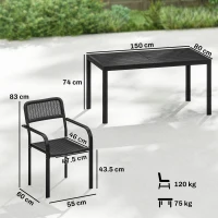 Outsunny Garden Dining Set for 6, Faux Wood Metal Outdoor Table and Stackable Chairs with Plastic Rattan Effect Seat, Black(m-3)