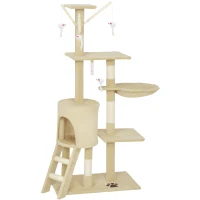 PawHut Torre per Gatti con Casetta, Trespolo, Piattaforme e 4 Topolini Appesi, 60x35x134 cm, Beige(m-11)