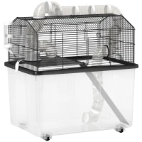 PawHut Gabbia per Criceti a 2 Piani con Ruote, Tubi, Ciotola, Bottiglia e Rampa, 58x43x57 cm, Nero(m-1)