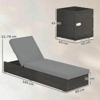 Outsunny Set 2 Sdraio da Giardino in Rattan con Tavolino Laterale e Schienale Regolabile, 184x60x22 cm, Grigio Scuro(m-3)
