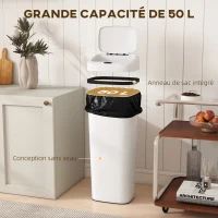 HOMCOM Poubelle cuisine automatique 50L en acier inoxydable, poubelle à capteur de mouvement sans contact, 33x25x84cm, blanc(m-6)