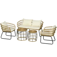 Outsunny Rattansitzgruppe Lounge-Set Outdoor-Sitzgruppe, Boho-Stil, 5-teilges Set, 145 x 70 x 78 cm, Creme + Natur + Schwarz(m-11)
