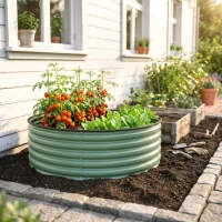 Outsunny Galvanised Raised Garden Bed with Safety Edging, Outdoor Raised Planter Box with Gloves, 120 x 120 x 43cm, Light Green(m-14)