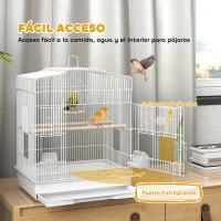 PawHut Jaula para Pájaros Pajarera de Acero con 2 Comederos 2 Perchas Columpio y Bandeja Extraíble Asa 46,5x36x59 cm Blanco(m-4)