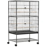 PawHut Cage à oiseaux sur pied volière oiseaux intérieur 4 perchoirs en bois et mangeoires fil d'acier gris foncé(m-1)