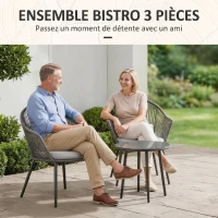 Outsunny Ensemble de jardin salon de jardin en résine tressée cadre en acier 2 fauteuils + 1 table basse coussins inclus gris(m-4)