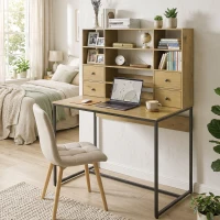 HOMCOM Computertisch mit 4 Schubladen und Regalen, Schreibtisch 105 cm, Naturholz(m-8)