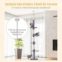 PawHut Copac pentru zgâriat cu 4 niveluri, înălțime reglabilă, din PAL, pluș și sisal, 40x34x230-260 cm, gri(m-5)