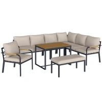 Outsunny 7 Seater Garden Furniture Set, Metal Garden Sofa Set with Cushions, Outdoor Furniture Conversation Sets, Khaki(m-1)