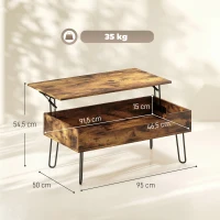 HOMCOM Table Basse Relevable en Bois avec Grand Rangement Caché, Hauteur Réglable, 95 x 50 x 40 cm, Marron Rustique(m-3)