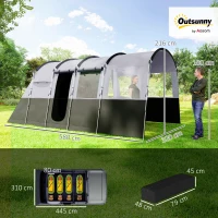 Outsunny 4 Person Camping Tent, Waterproof Family Tent, Tunnel Design, 4 Large Windows, Sleeping Cabins 3000mm Water Column Grey(m-3)