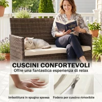 Outsunny Divano da Giardino 2 Posti con Cuscini e Tappetini Antiscivolo, in Rattan e Acciaio, 115x63x85 cm, Beige(m-6)