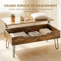 HOMCOM Table Basse Relevable en Bois avec Grand Rangement Caché, Hauteur Réglable, 95 x 50 x 40 cm, Marron Rustique(m-5)