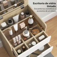 HOMCOM Tocador de Maquillaje 3 en 1 con Taburete Oculto y Espejo Abatible Mesa de Maquillaje de Vidrio Visible Roble y Blanco(m-7)